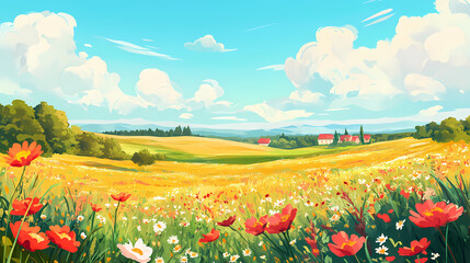 Wall Mural - Spring meadow with colorful flowers against sunny blue sky. nature background. Meadow. Illustration