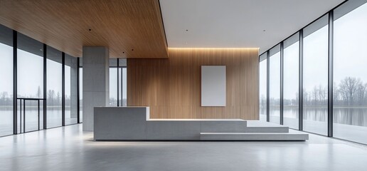 Poster - Modern interior space with large windows and minimalist design elements.