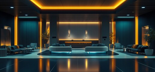 Aufkleber - Modern lobby with sleek furniture and ambient lighting for relaxation.