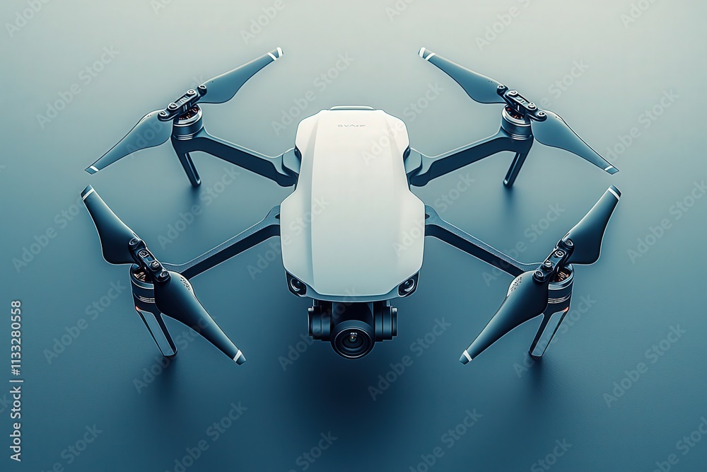 A modern drone is displayed on a clean, solid surface, highlighting its compact design and advanced features.