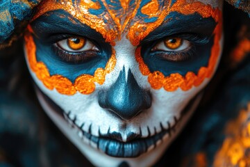 Poster - A detailed view of a person's face painted in various colors and designs