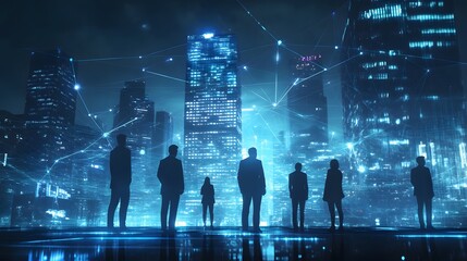 Poster - Silhouetted figures observe a futuristic cityscape network