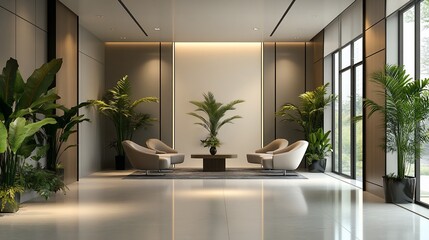 Poster - Modern lobby with seating, plants, and natural light for relaxation and meetings.