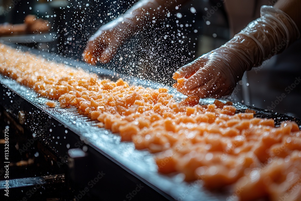 Workers in a seafood processing facility carefully arrange freshly cut salmon fillets on a conveyor belt. Water splashes around as they sort and inspect the quality.