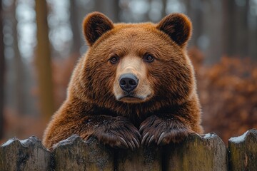 Canvas Print - A brown bear perched on top of a wooden fence