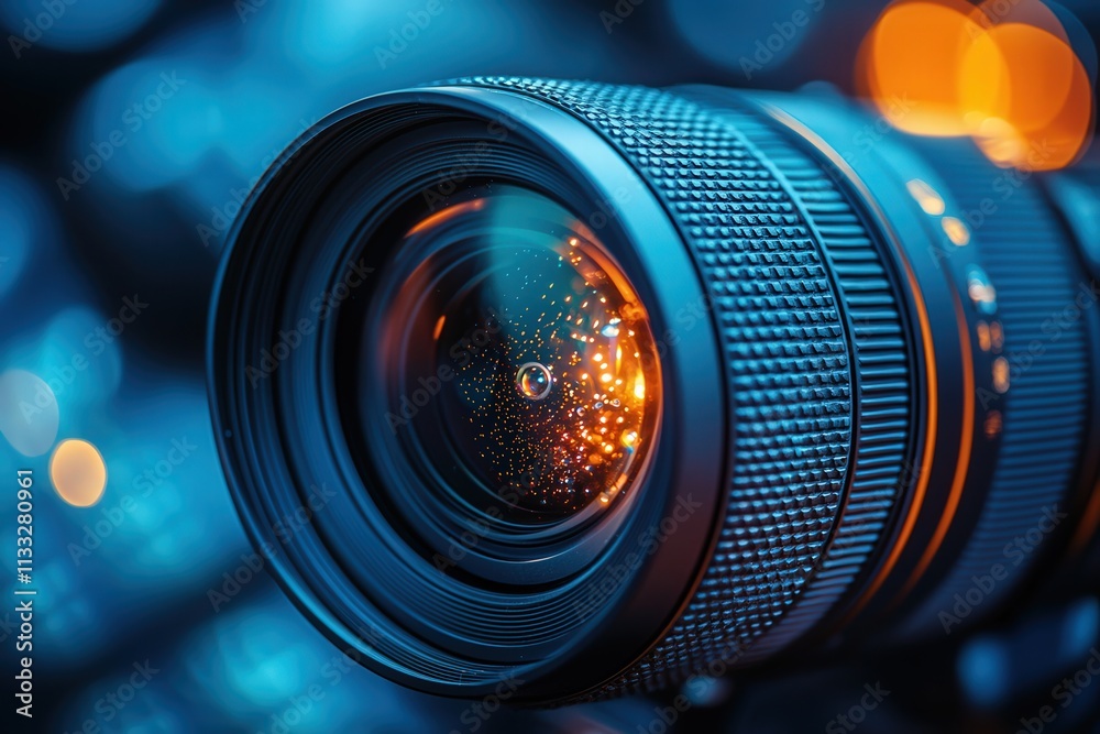 A detailed view of a camera lens reveals its intricate design, highlighting light reflections and twinkling sparkles.