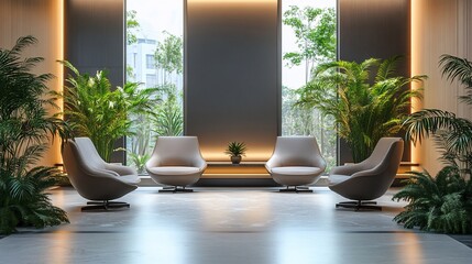 Poster - Modern lounge area with stylish chairs and greenery for relaxation.