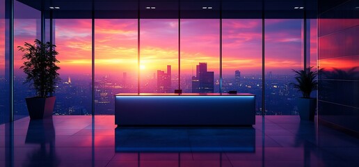Poster - Modern office reception with a stunning sunset view over the city.