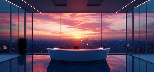 Poster - Modern office interior with a stunning sunset view through large windows.
