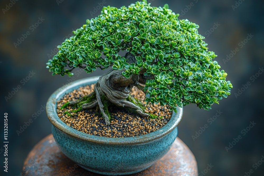 A bonsai tree displays its vibrant green leaves and twisted roots in a ceramic pot.