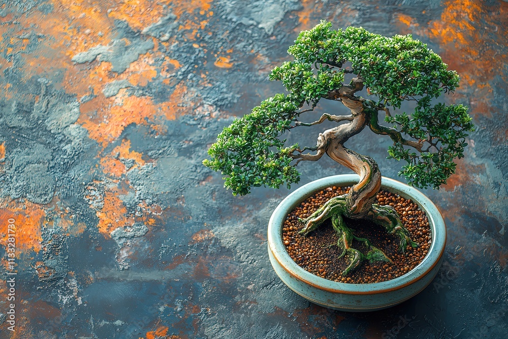 A bonsai tree showcases its lush green leaves and twisted roots, elegantly positioned in a ceramic pot filled with soil.