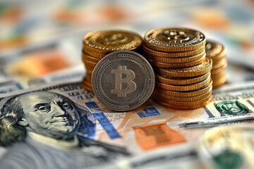 Poster - A stack of coins resting on top of a pile of money, perfect for financial or commerce related concepts