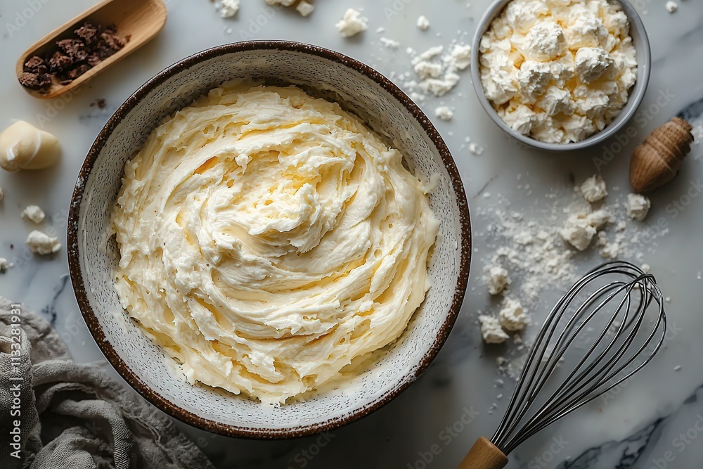A bowl of freshly whipped cream sits on a marble countertop next to a small bowl of cottage cheese and scattered baking ingredients, highlighting a cozy kitchen atmosphere.