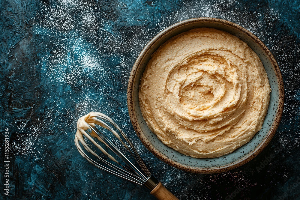 Smooth and creamy buttercream frosting is blended in a bowl, with a whisk resting beside it. The dark blue surface adds contrast, making the frosting the focal point of the setup.