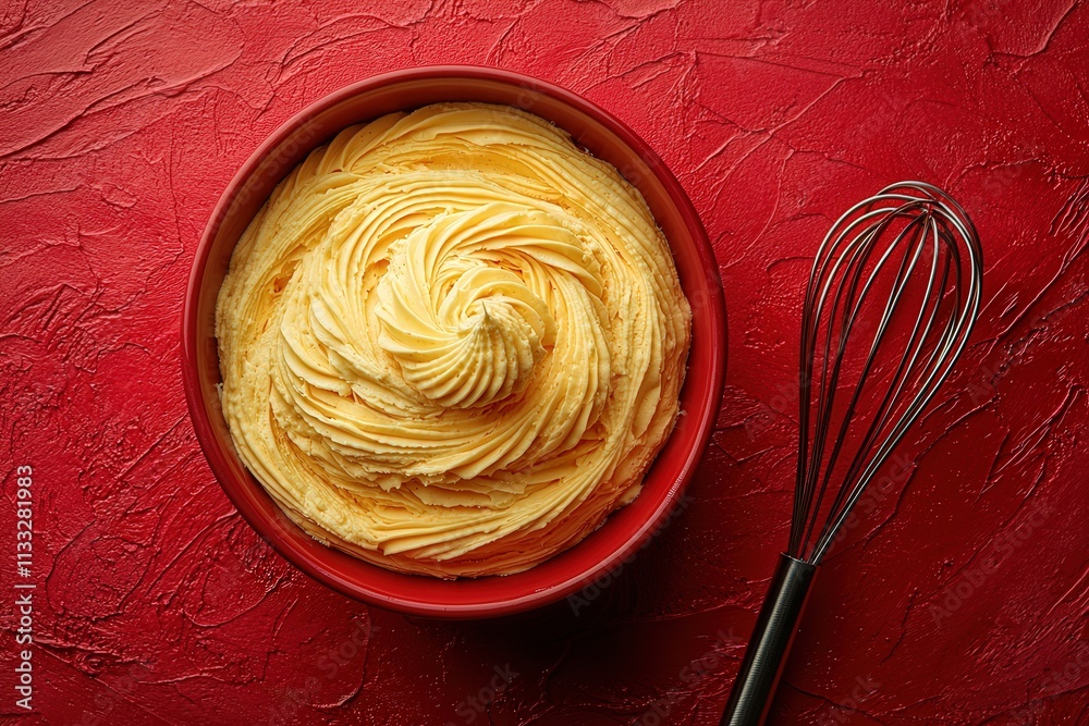 Creamy buttercream frosting is swirled beautifully in a red bowl, accompanied by a metal whisk. This delightful icing is perfect for cakes and cupcakes, adding a rich flavor and texture.