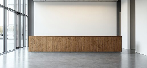 Poster - Modern reception area with a wooden counter and minimalist design.