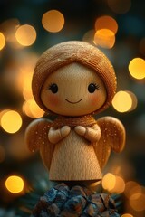 Poster - A detailed wooden angel figurine perched on top of a pine cone, ideal for decorative or symbolic uses