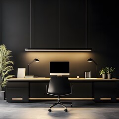 Poster - Modern Minimalist Office Space with Sleek Furniture, Dark Walls, and Contemporary Desk Accessories for Creative Professionals and Productive Work Environment