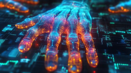 Poster - X-ray visualization of human fingers showcasing joints with advanced digital effects in 4k