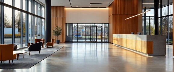 Poster - Modern reception area with large windows and wood accents.
