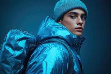 Poster - A person wearing a blue jacket and matching hat, possibly for casual or outdoor activities
