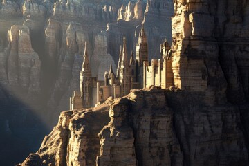 Poster - A medieval-style castle perched atop a rocky cliff, bathed in warm sunlight
