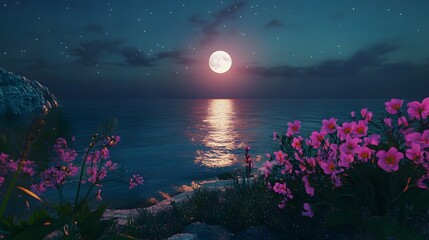Poster - Serene Ocean View Under Full Moonlight with Vibrant Flowers on Foreground at Twilight, Capturing the Beauty of Nature's Nighttime Splendor