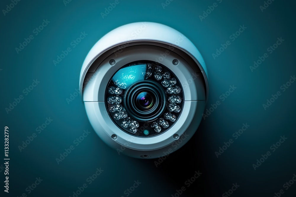 A dome-style security camera features multiple LED lights and a clear lens, mounted on a teal background, suitable for monitoring various locations at any time.