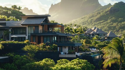 Poster - A scenic view of a resort with a mountain in the background, suitable for travel or tourism related uses