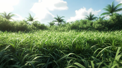 Wall Mural - Evergreen grass field in nature, meadow in springtime, tropical forest isolated on transparent background - png file, 3d rendering illustration for create and design or etc. Meadow. Illustration