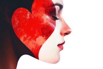 Poster - A woman with a red heart painted on her face, great for expressing emotions and creativity