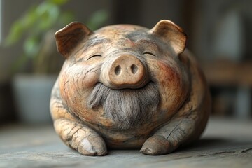Poster - A ceramic pig sitting on a wooden table, decorative figurine for home or office