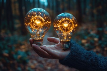Poster - A person holding two light bulbs in their hands