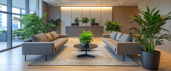 Poster - Modern reception area with sofas, plants, and a welcoming ambiance.