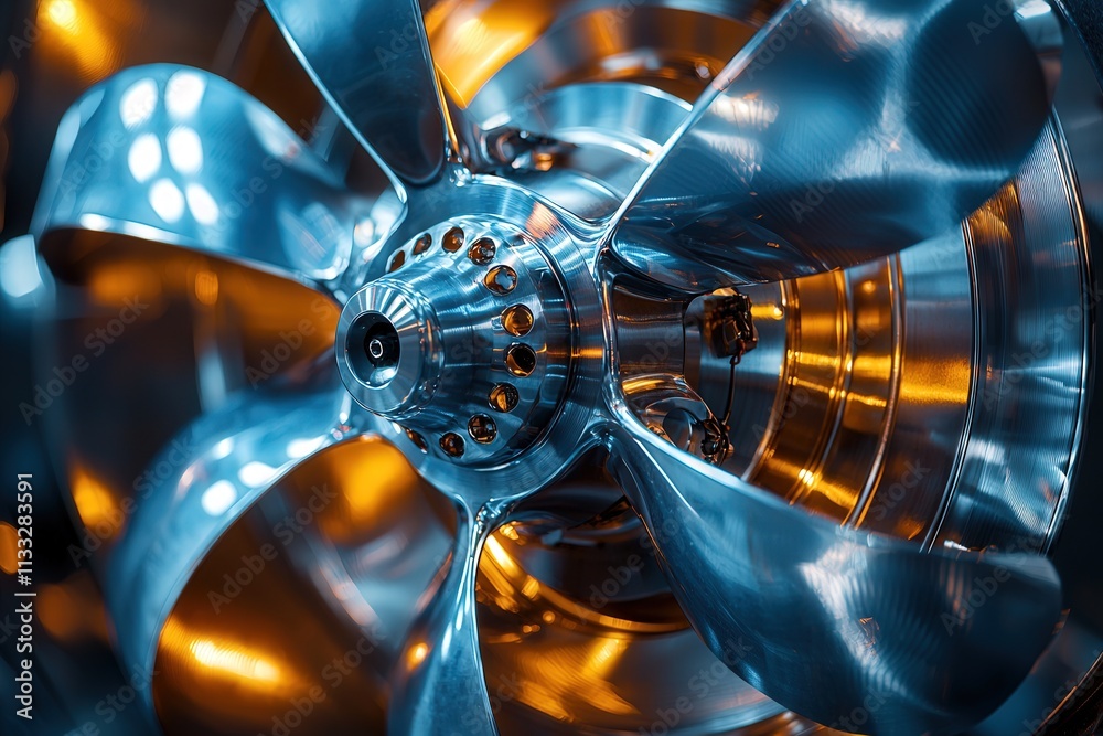 This close-up showcases a detailed metal propeller with multiple blades reflecting blue and orange light. The composition highlights the precision engineering and smooth finish of the structure.