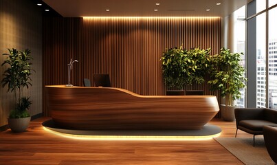 Poster - Modern reception area with wooden accents and indoor plants.