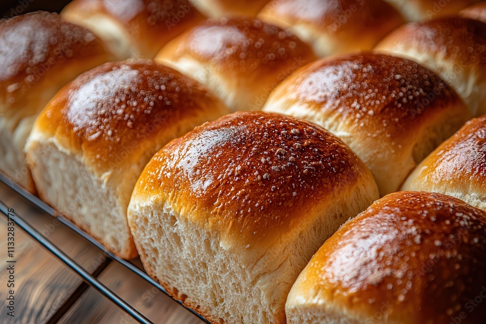 Golden brown rolls sit on a wire rack, cooling in a warm kitchen. The soft texture and glistening crust suggest a recent bake, ready for serving with meals or as a snack.