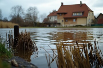 Poster - A house stands amidst a flooded area
