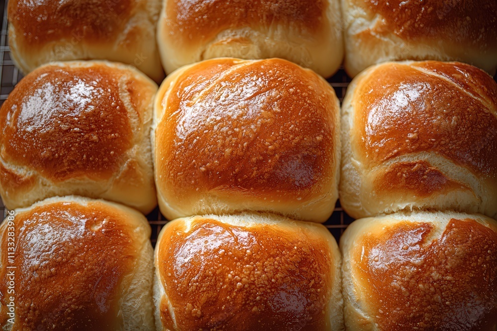 Soft, golden-brown rolls cool on a wire rack in a kitchen. The warm lighting highlights their shiny surfaces, making them look inviting and freshly baked. Perfect for a meal or snack.