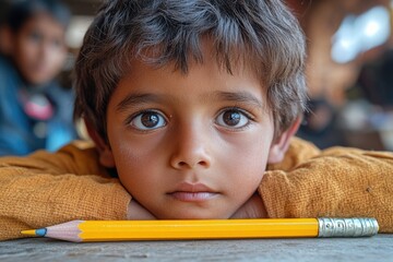 Poster - A young boy sitting with a pencil, ready to create something