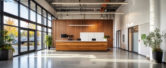 Poster - Modern reception area with wood accents and large windows.
