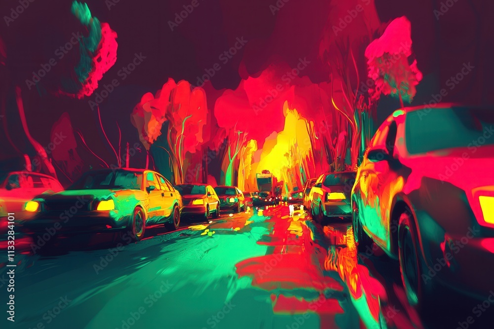 A lively urban street is filled with parked and moving cars amidst a surreal night scene. Bright colors and artistic lighting create an enchanting view of the bustling city environment.