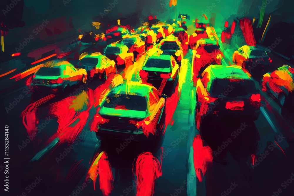 A bustling city road filled with cars during evening rush hour creates a vibrant atmosphere. Bright colors and lighting enhance the chaotic movement of vehicles.