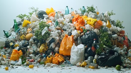 Poster - A picture of a pile of garbage with various items like plastic bags, containers, and more