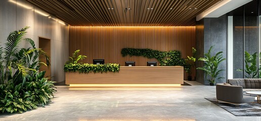 Poster - Modern reception area with wooden accents and lush greenery.