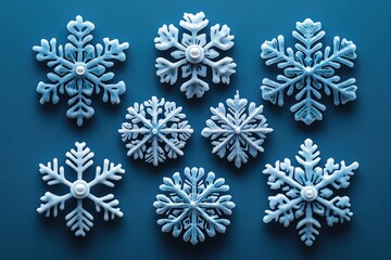 Wall Mural - A group of unique snowflakes resting on a calm blue surface, perfect for winter or frosty themed projects