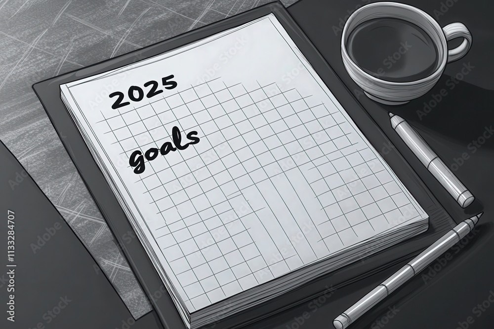 A notebook with a grid showing 2025 goals is placed on a dark table next to a cup of coffee. A pen rests nearby, suggesting a moment of reflection and planning for the future.