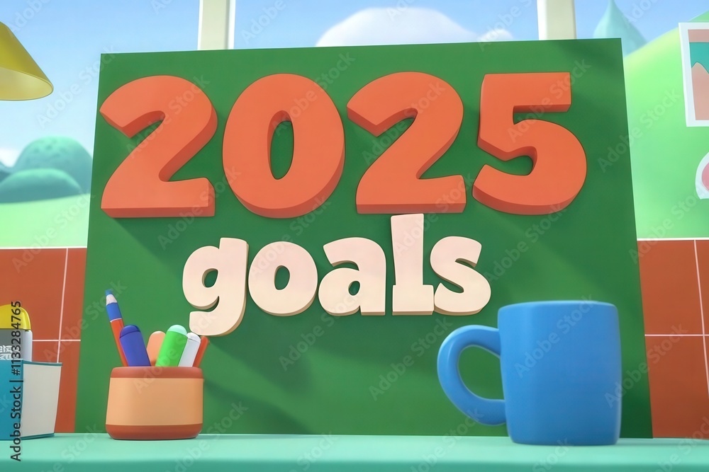 A workspace features a green board displaying the words 2025 goals. Nearby, pens and markers are in a holder, and a blue mug sits on a desk, creating an inspiring atmosphere for planning.