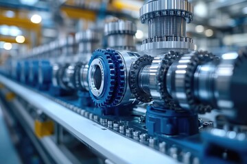 Poster - A close-up view of an industrial machine in a factory setting, suitable for use in manufacturing or industry-related contexts