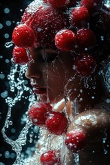 Poster - A woman with a colorful bunch of cherries in her hair, perfect for summer and festive occasions